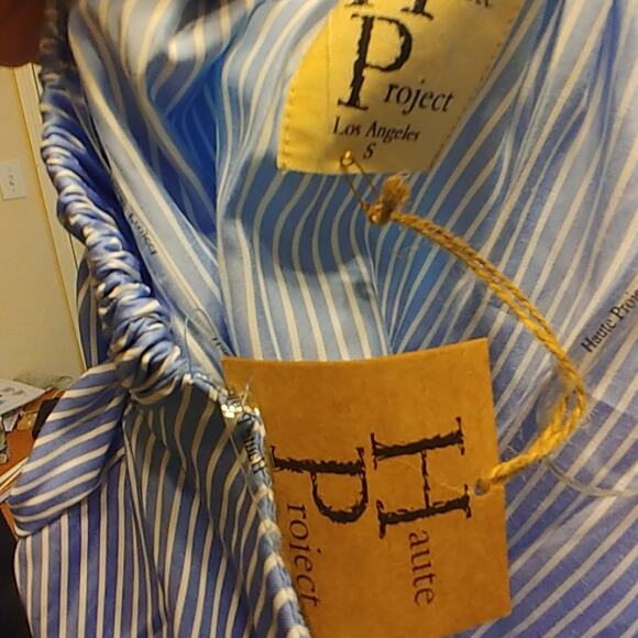 Haute Project Blouse Top Off Shoulder Button Down Vertical Striped Top Small - Picture 5 of 6